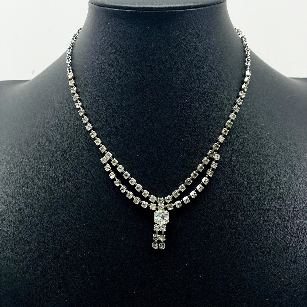 Rhinestone Swag Necklace Center Drop Silver Tone Glam Bling Sparkle Holiday